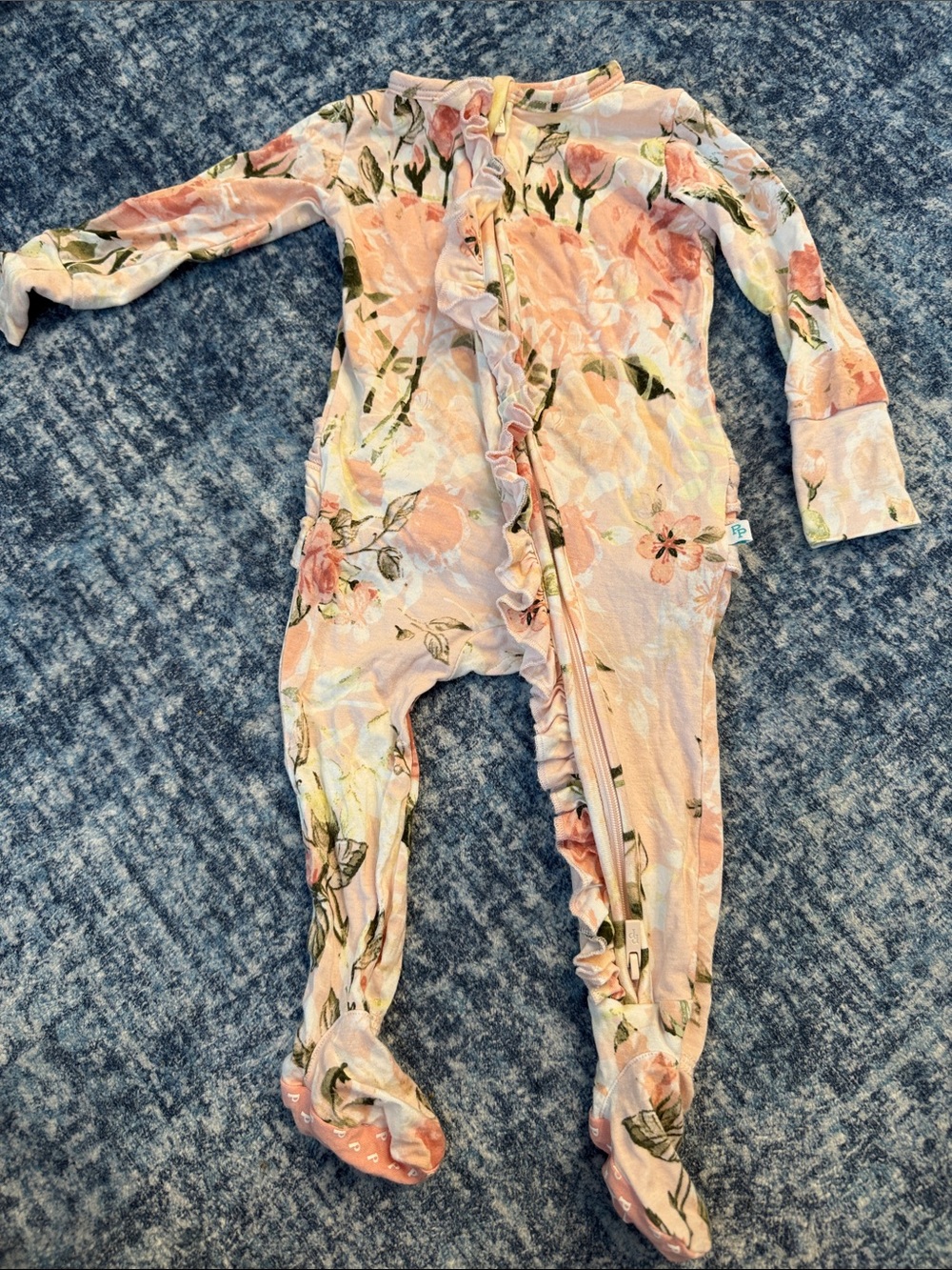 Posh Peanut Pink Floral Ruffle Footed One-Piece